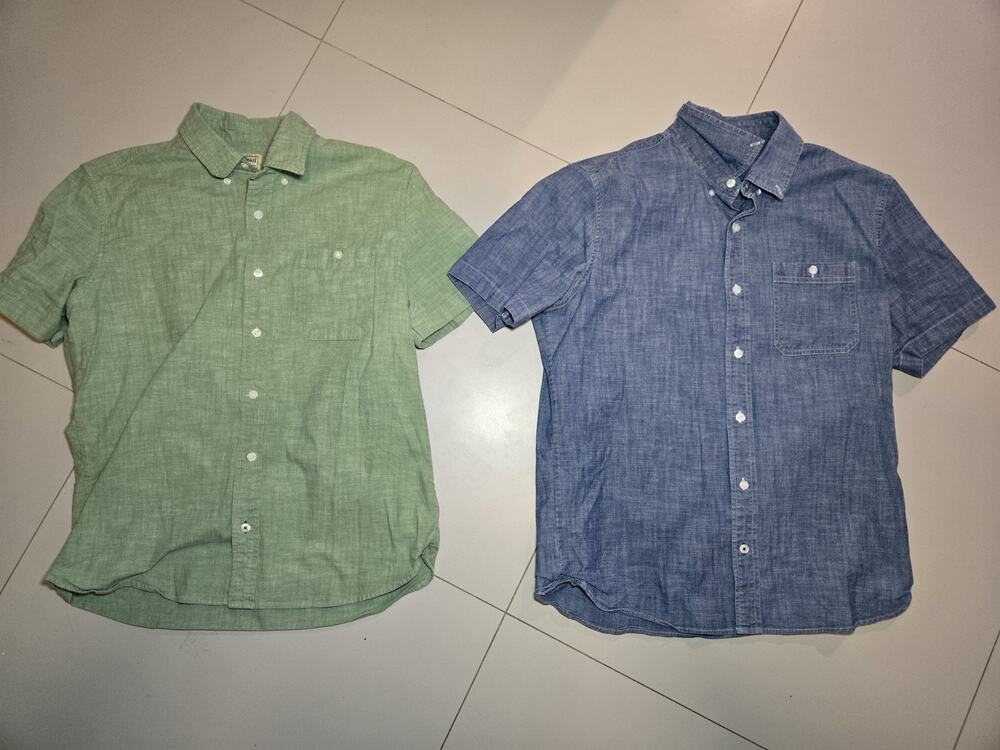 2X LL Bean Mens Button Down Shirt Medium Blue Green Short Sleeve Slightly Fitted